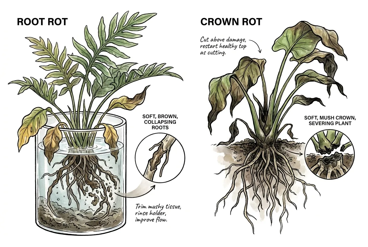 Healthy white roots compared with black crown rot