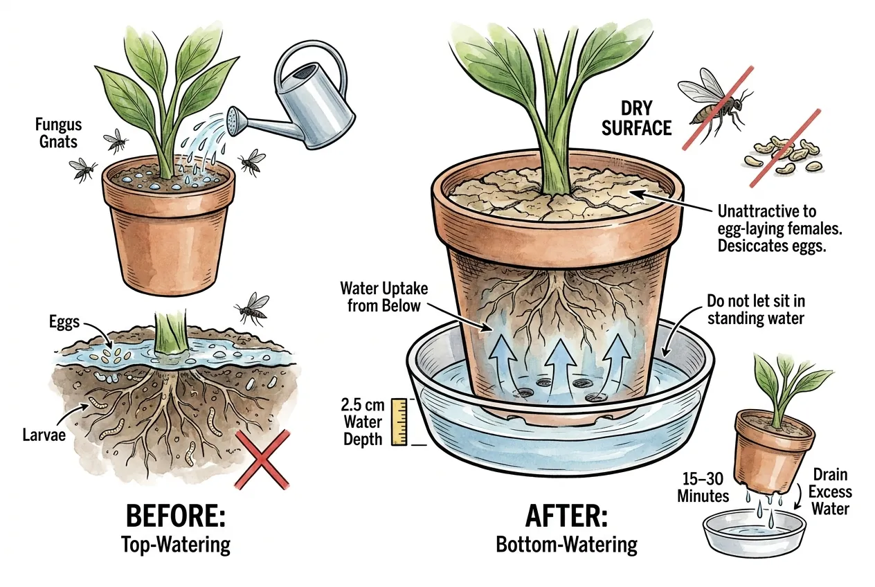 Moist top-watered surface with gnats versus dry bottom-watered pot