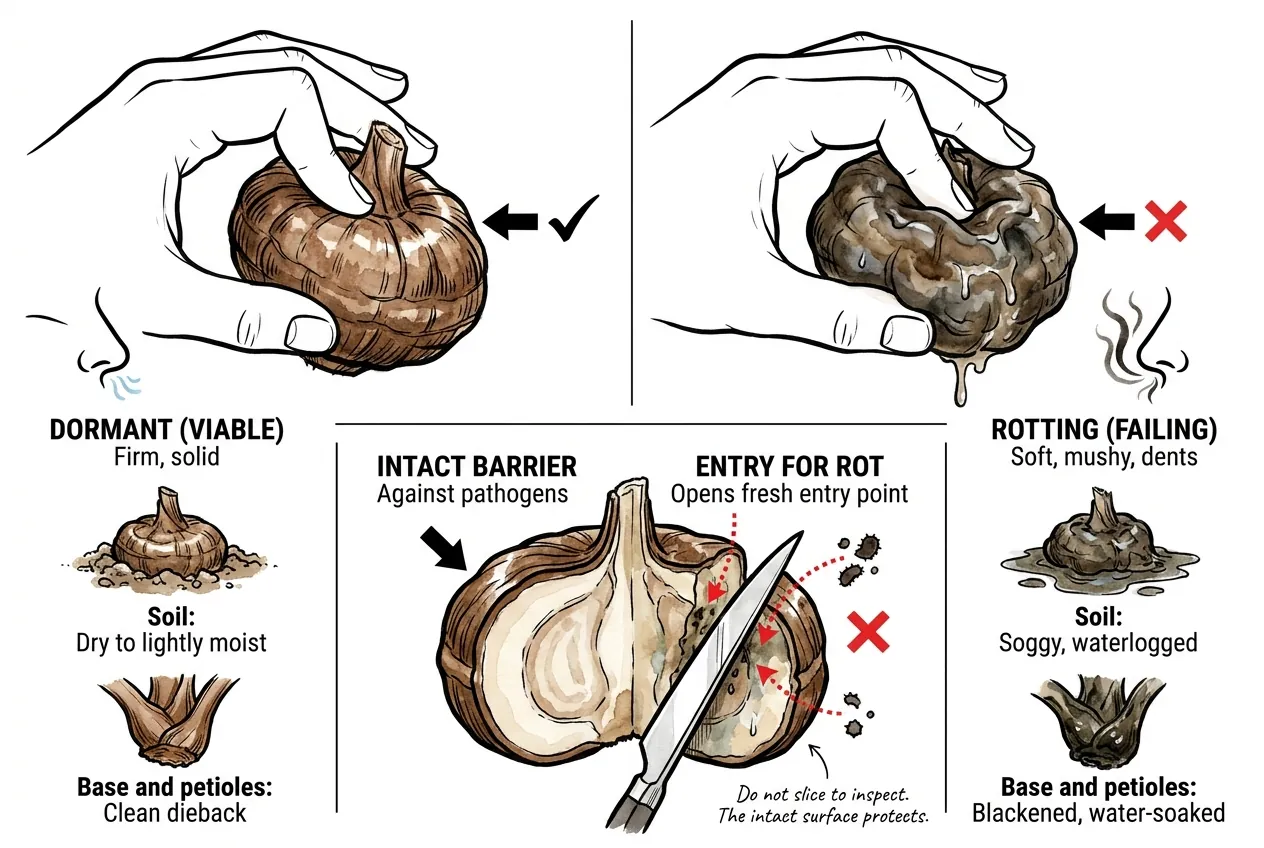 Fingers gently squeezing a firm dormant corm to test it without cutting