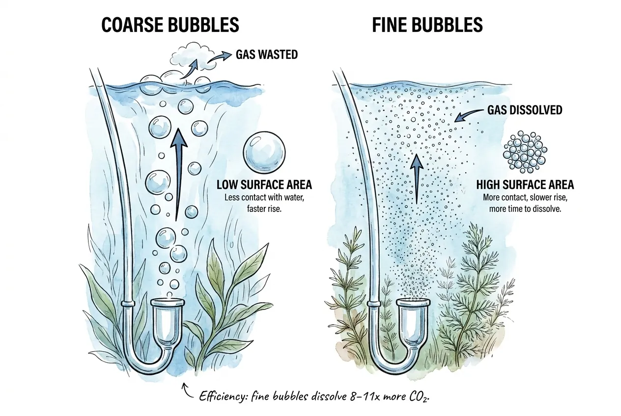 Coarse versus fine CO2 bubbles from a diffuser showing surface area and dissolution