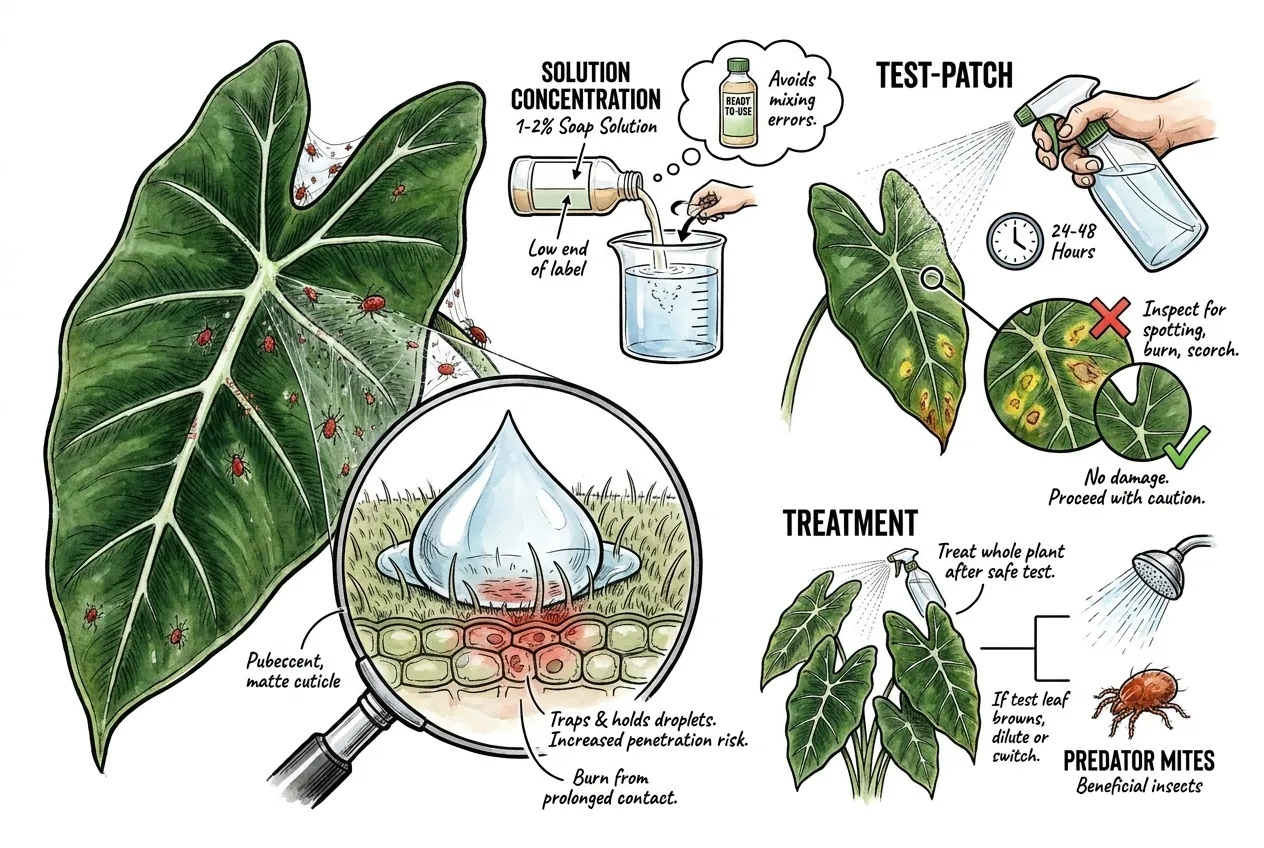 Spray droplets clinging to alocasia frydek velvet leaf surface raising burn risk