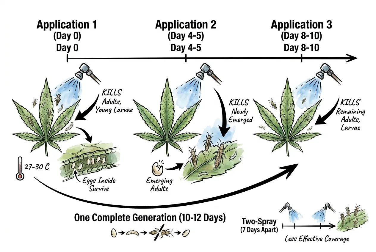 Spray timeline on days 0, 4-5, and 8-10 showing which thrips life stages each application kills