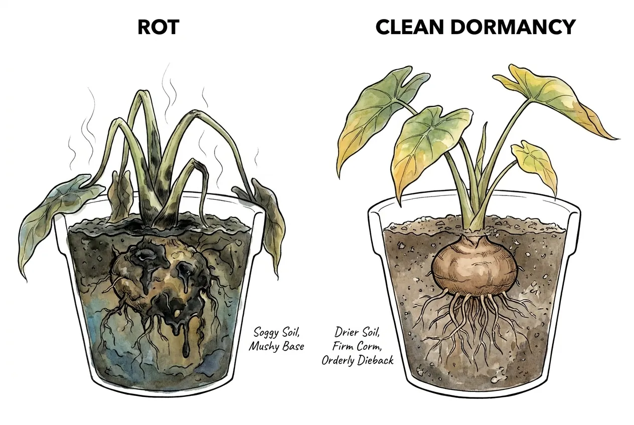 Firm odorless dormant corm next to a mushy blackened rotting corm