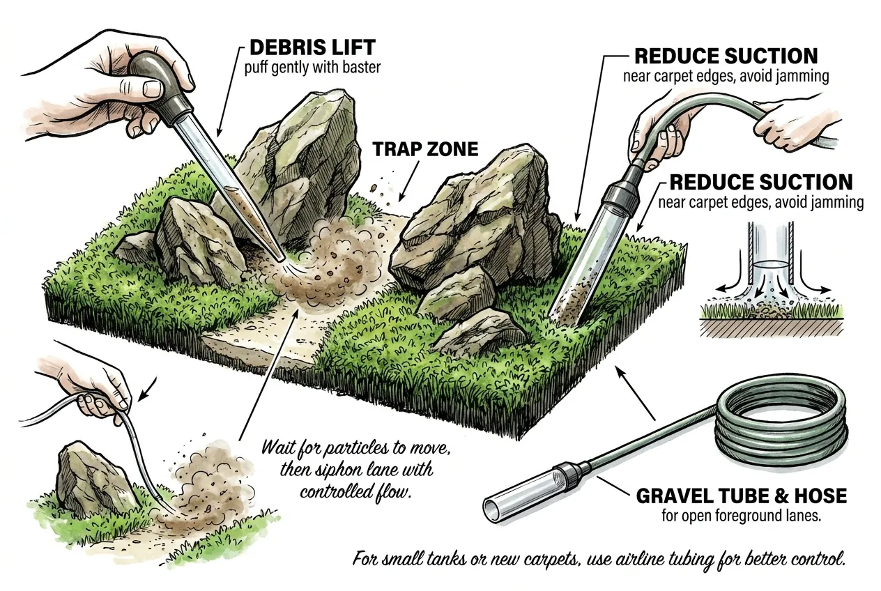 Baster lifting debris from carpet beside rock bases