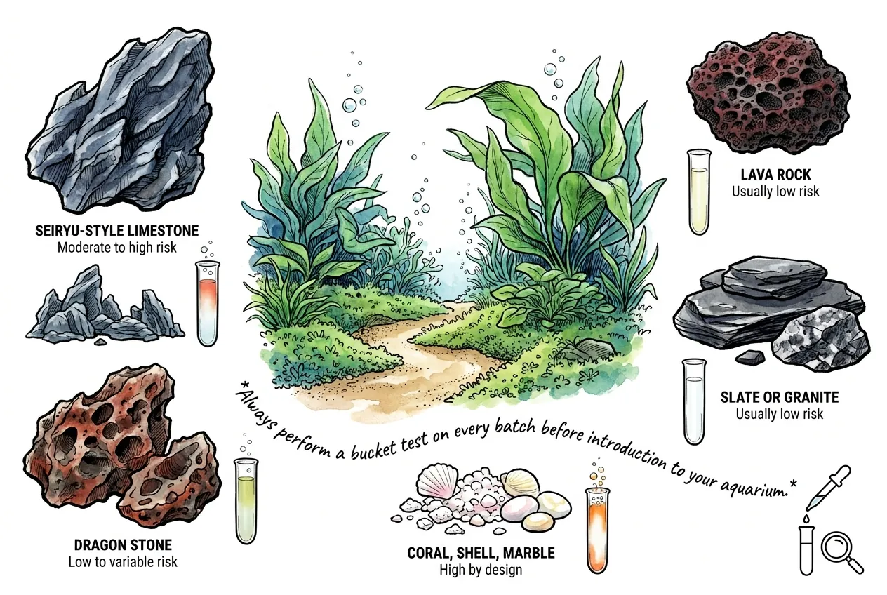 Aquascaping rock comparison with Seiryu, lava rock, slate, granite, and coral