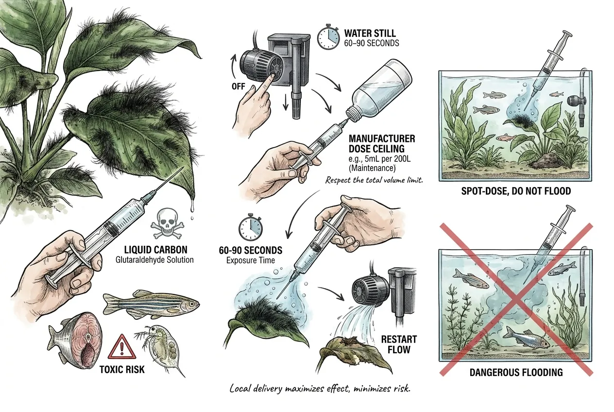 Syringe releasing liquid carbon onto a black beard algae tuft