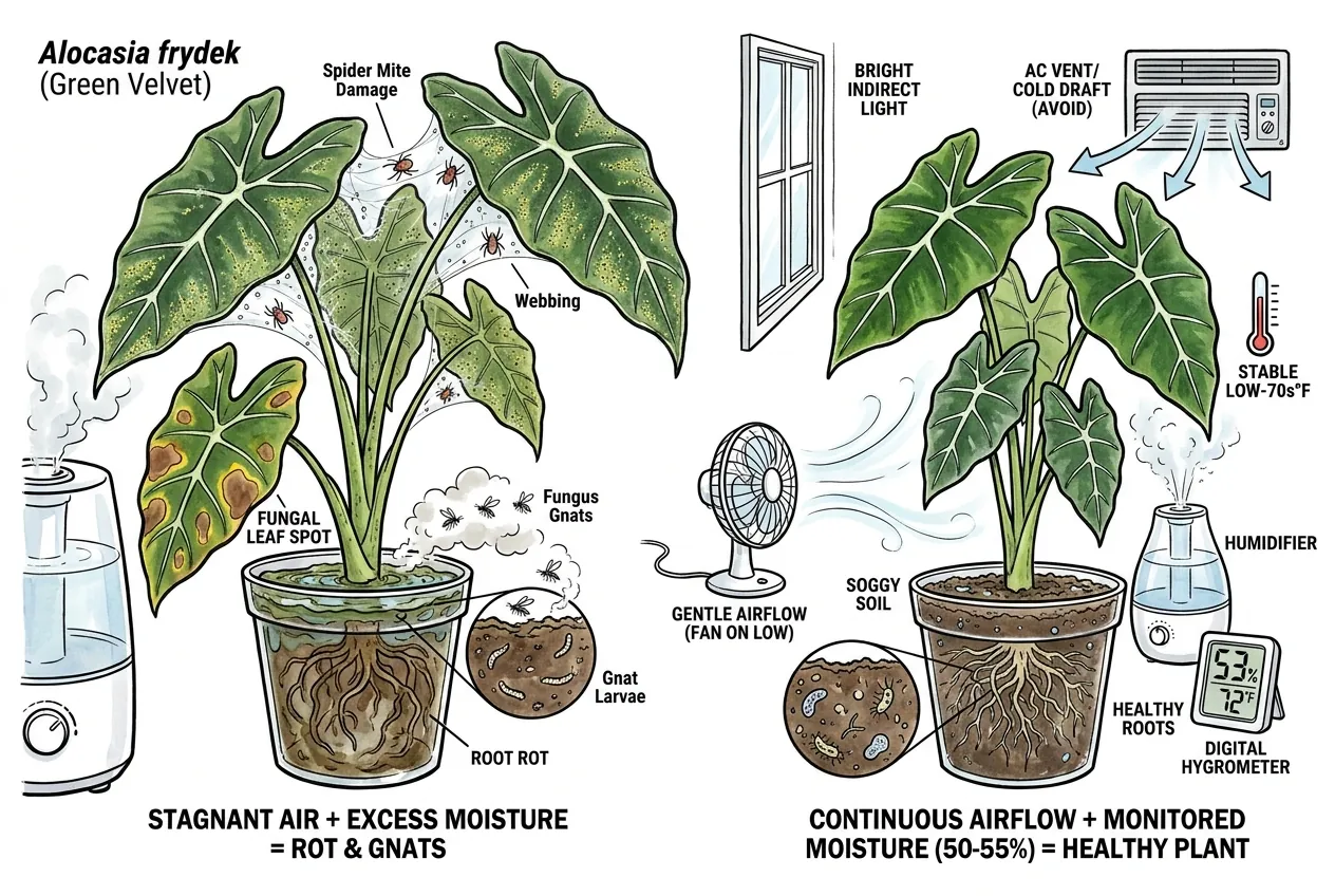 Humidifier and gentle fan airflow around alocasia frydek to hold safe humidity