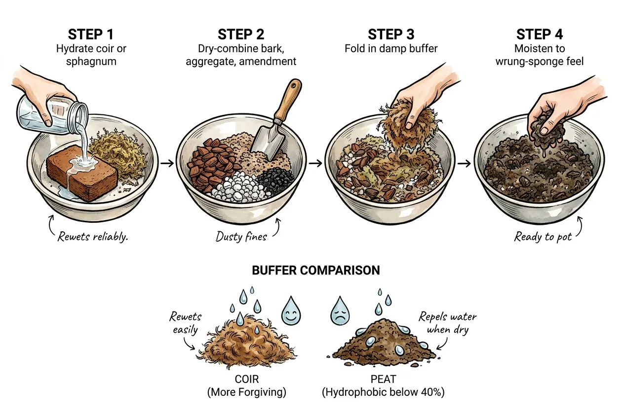 Step order: hydrate coir, dry-mix bark and aggregate, fold buffer, then moisten mix