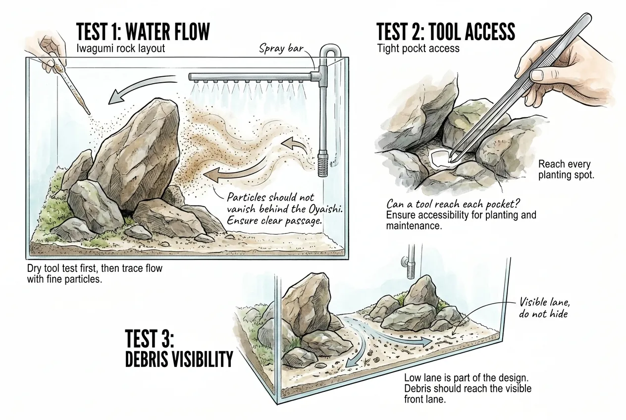 Dry Iwagumi layout checked with tool-access paths