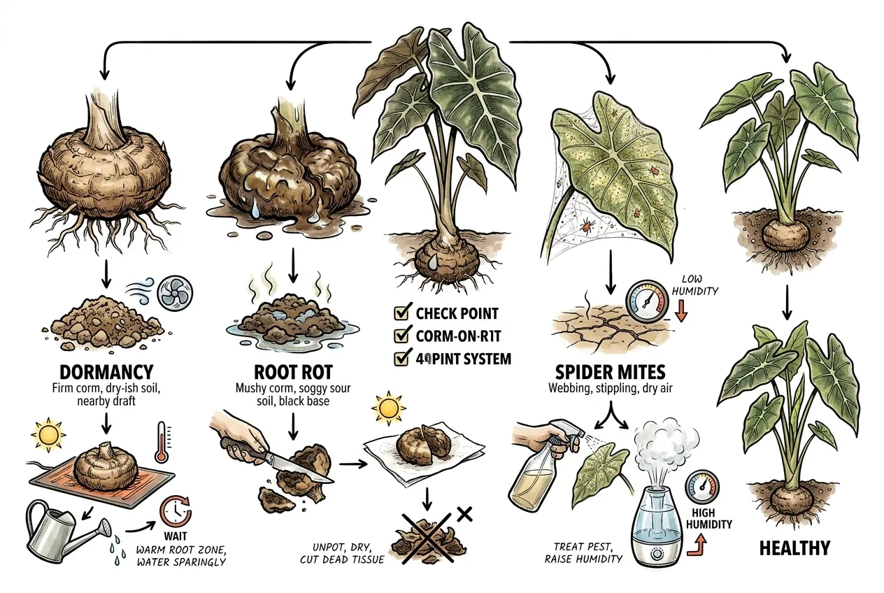 Decision tree branching from leaf drop to dormancy, root rot, and spider mites
