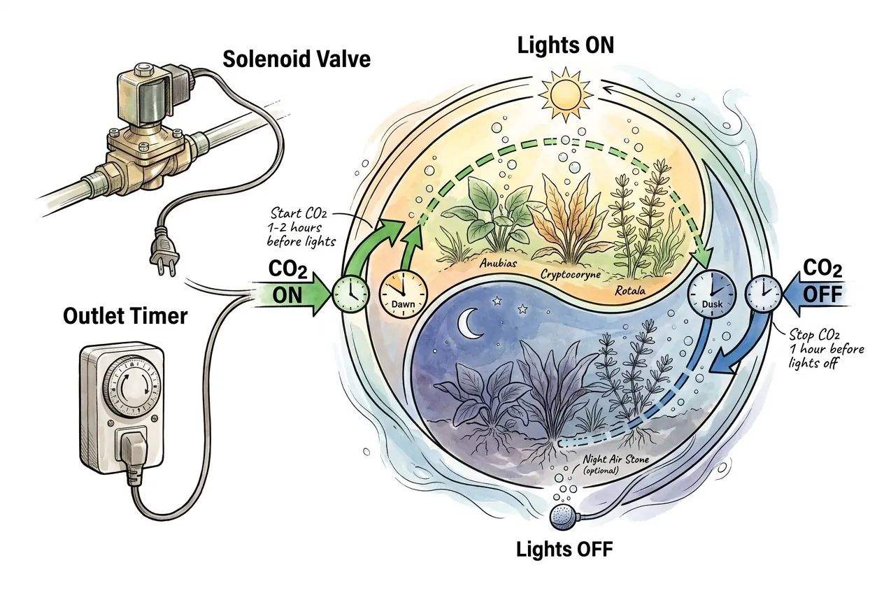 Solenoid and timer gating aquarium CO2 on before lights-on and off before lights-off