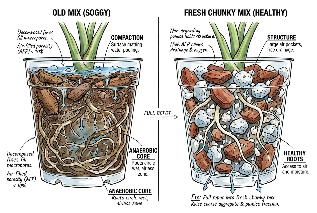 Decomposed mix with fines clogging macropores as air-filled porosity drops below 10%