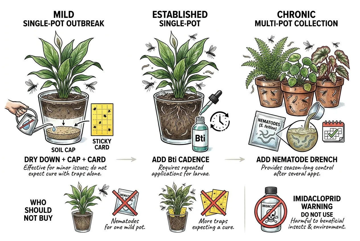 Decision matrix matching fungus gnat products to outbreak severity