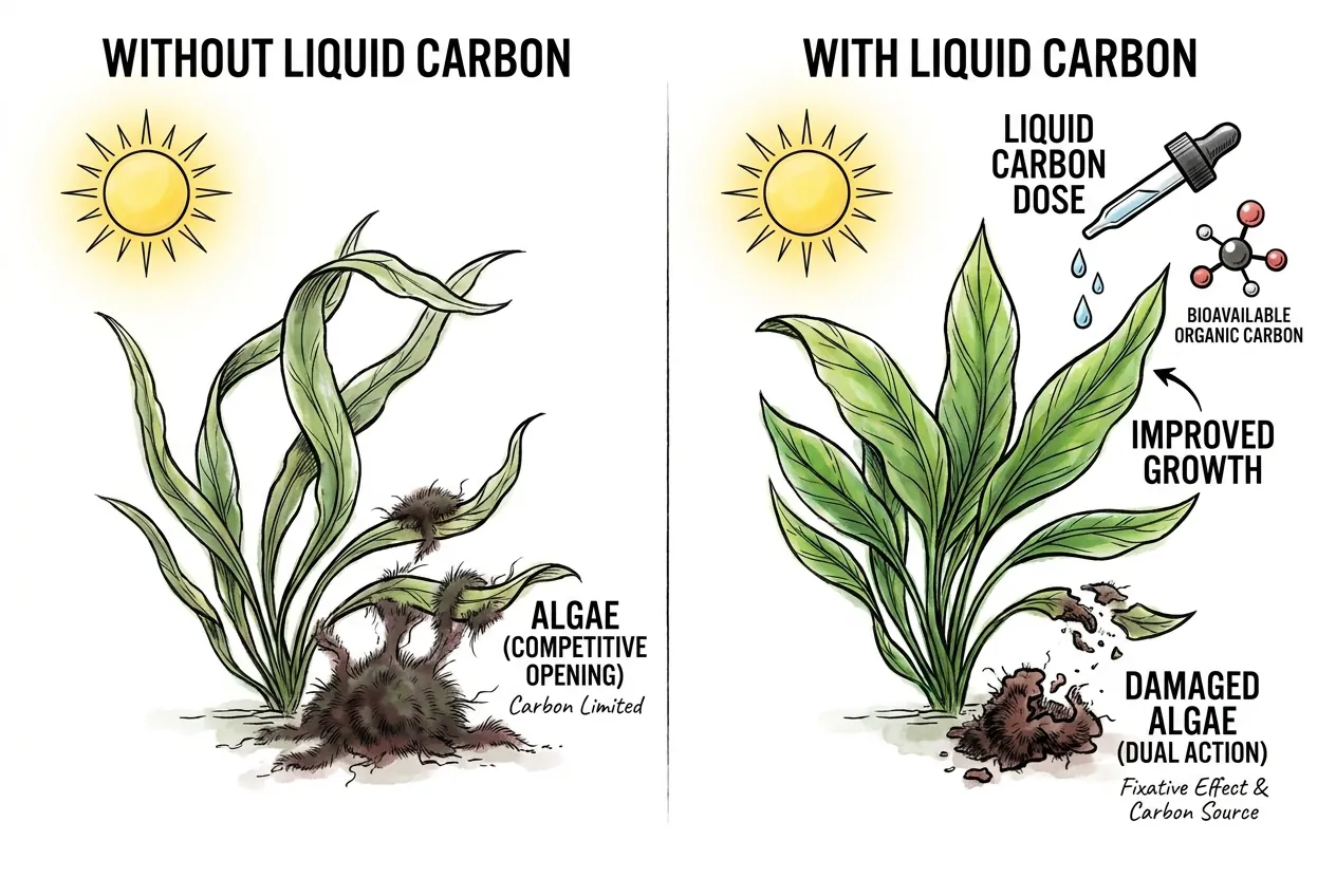 Diagram of carbon limitation in a planted tank showing how supplemental bioavailable organic carbon feeds higher plants while its glutaraldehyde-class active damages soft algae like black beard algae on contact