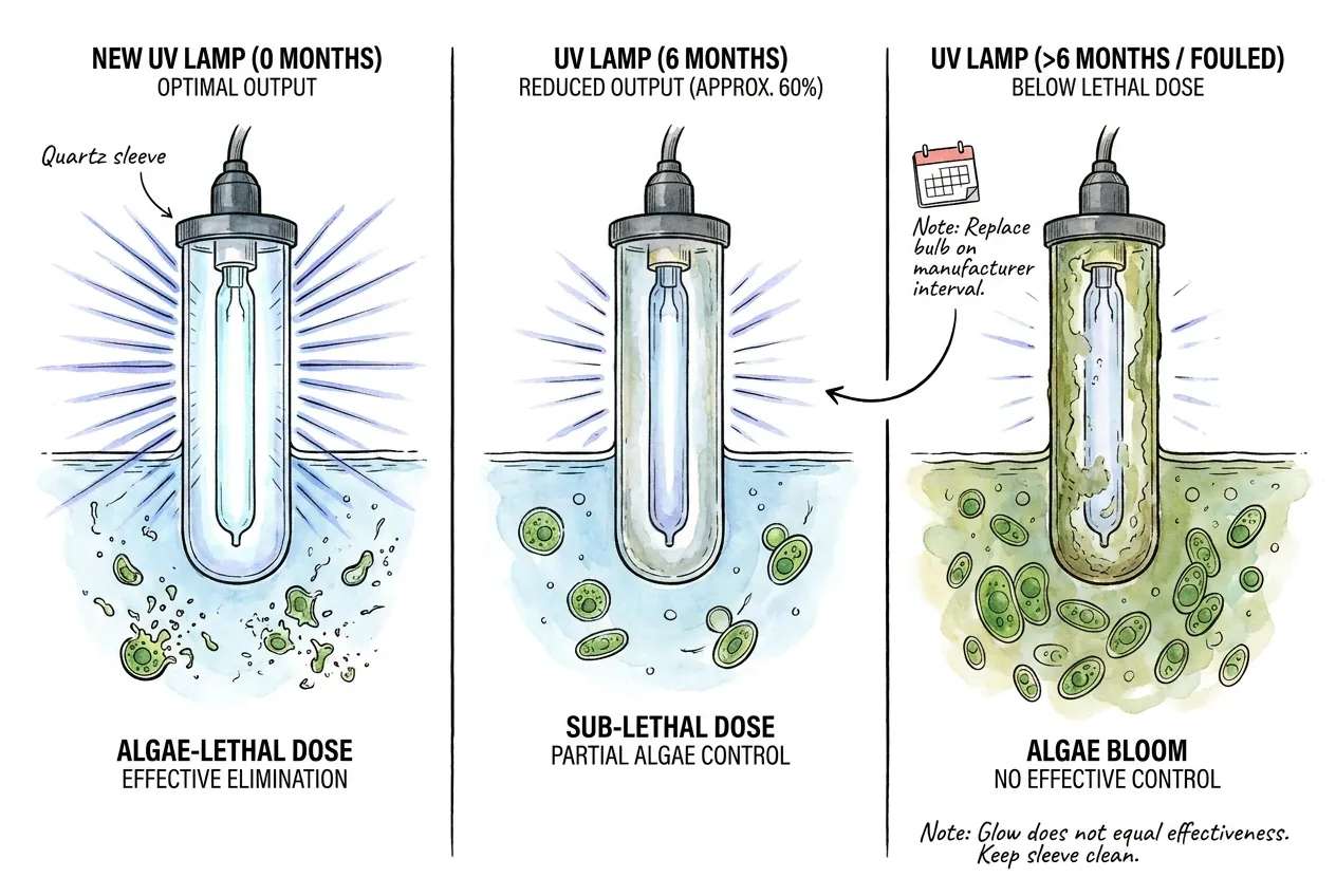 Schematic of UV lamp output fading up to 40 percent over six months, dropping below the algae-lethal UV-C dose even while the bulb still glows, indicating scheduled bulb replacement and quartz-sleeve cleaning