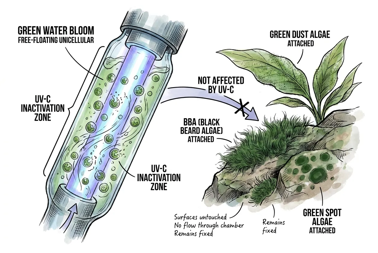 Decision illustration showing UV-C inactivating free-floating green-water cells passing through the chamber while attached black beard, green spot, and green dust algae remain untouched