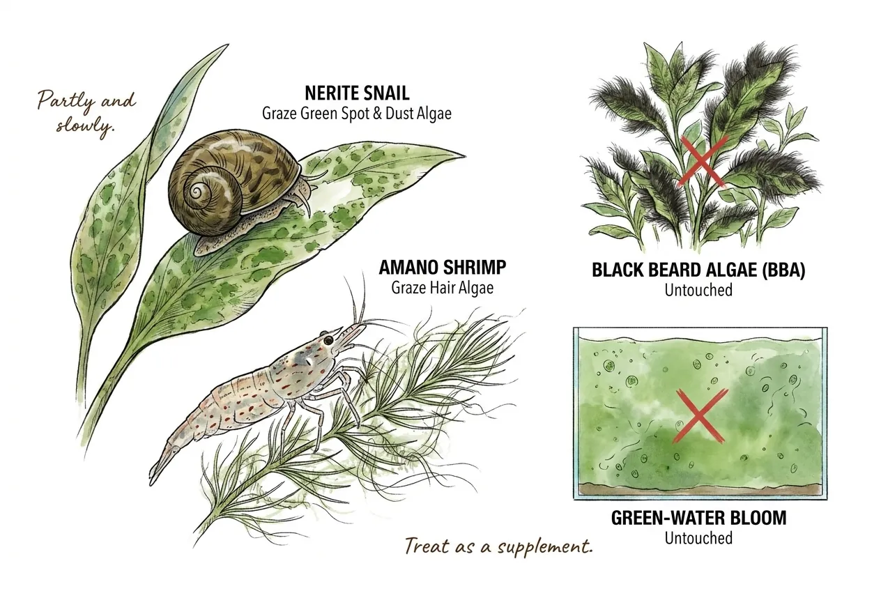 Comparison illustration of nerite snails grazing green spot and dust and Amano shrimp grazing hair algae, noting neither touches black beard algae or a green-water bloom