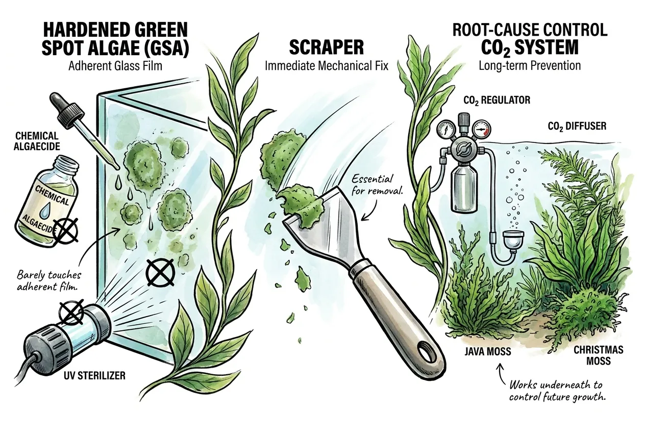 Illustration showing a magnetic scraper removing hardened green spot film from aquarium glass as the only immediate fix while a root-cause control works underneath