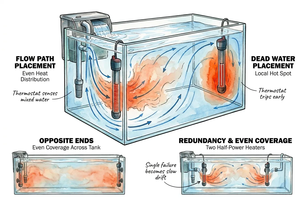 Heater placement in filter flow versus dead water, and two heaters at opposite ends