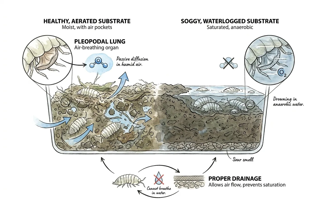 Cutaway illustration of a terrestrial isopod's pleopodal lungs failing in a water-saturated substrate, with flooded air pockets showing why a soggy enclosure suffocates the colony
