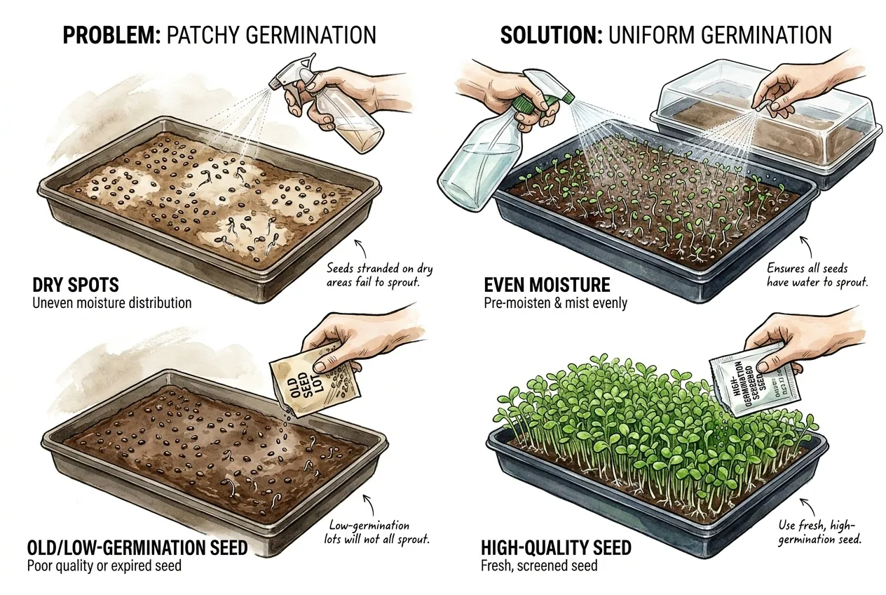 Diagnostic illustration of patchy microgreen germination across a grow mat, showing dry unseeded gaps beside evenly sprouted areas to illustrate uneven moisture and low-germination seed.
