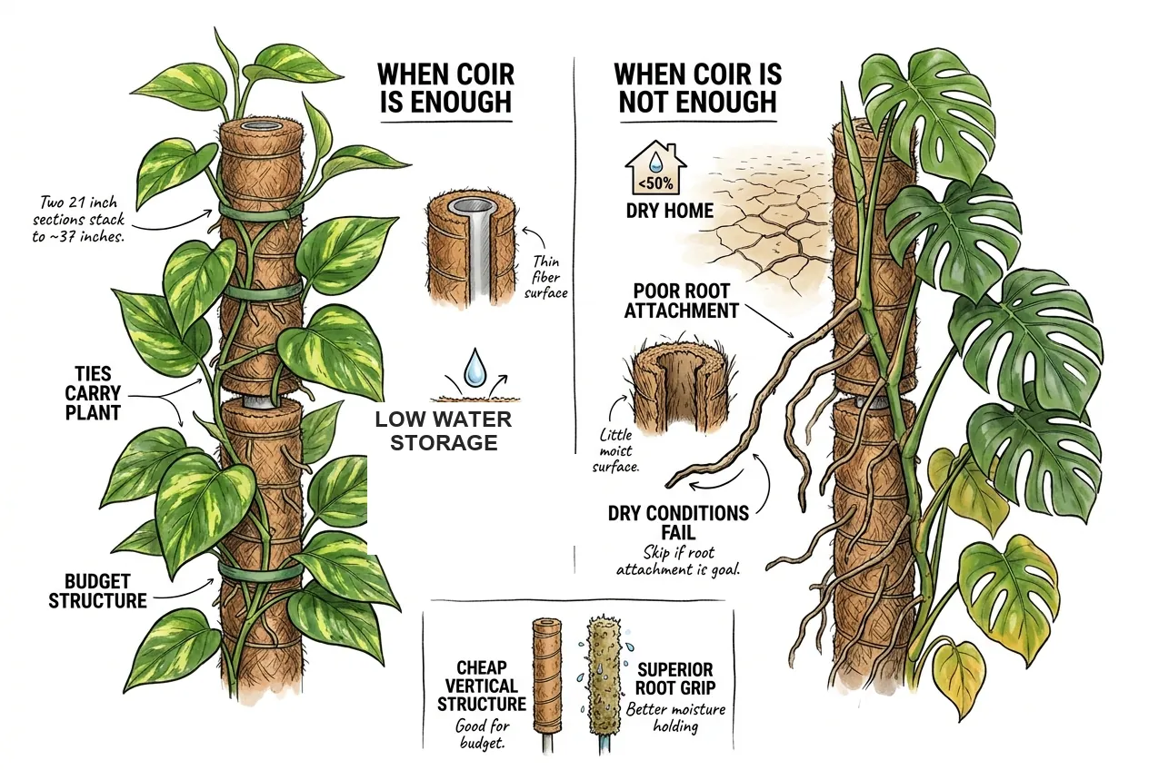 Stackable coir totem pole supporting a small pothos, with thin coconut-fiber wrap and soft ties carrying the stem load