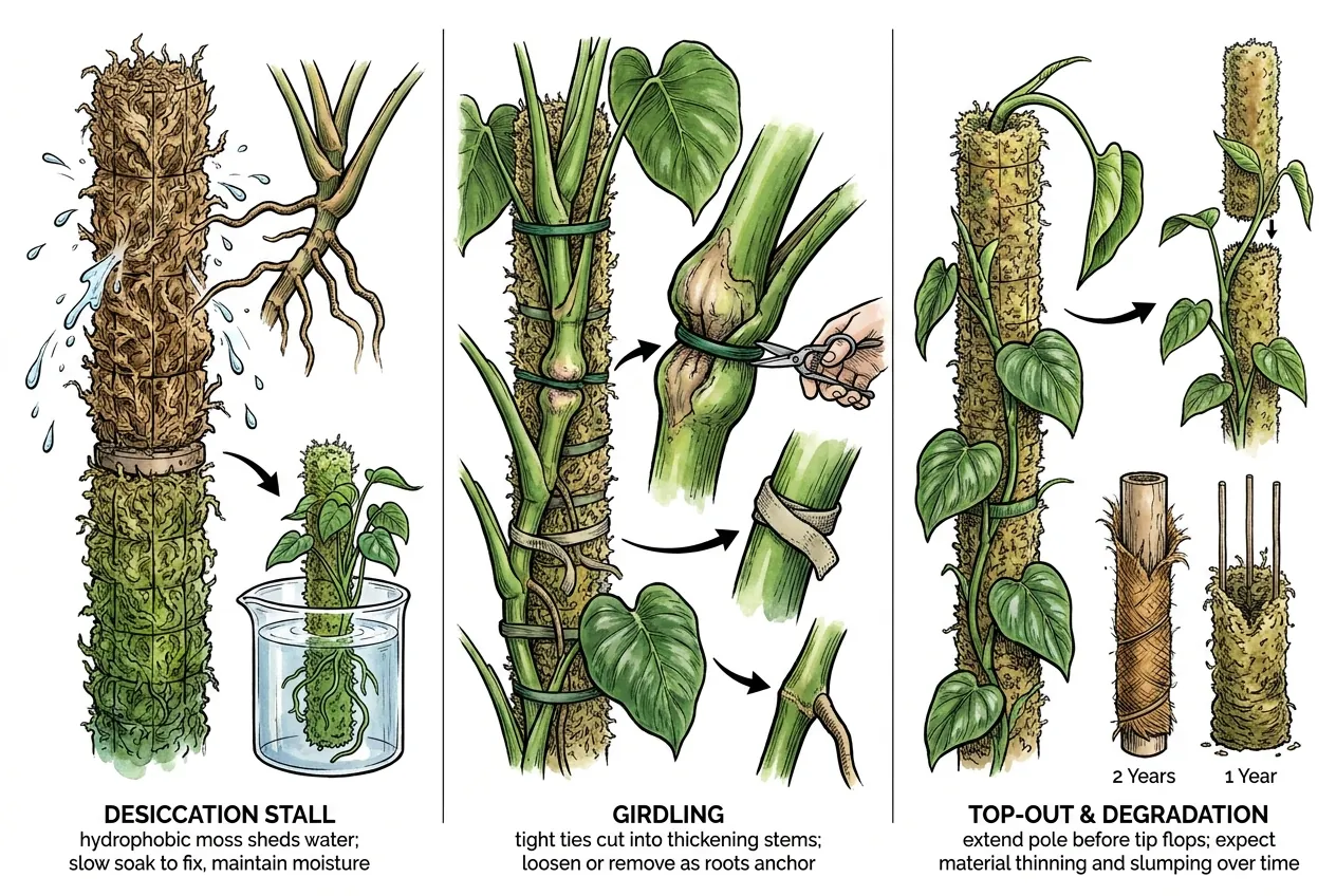 Failure-mode illustration of a moss pole: dried moss column with detached aerial roots, an over-tight tie indenting a stem, and a vine topping out past the pole