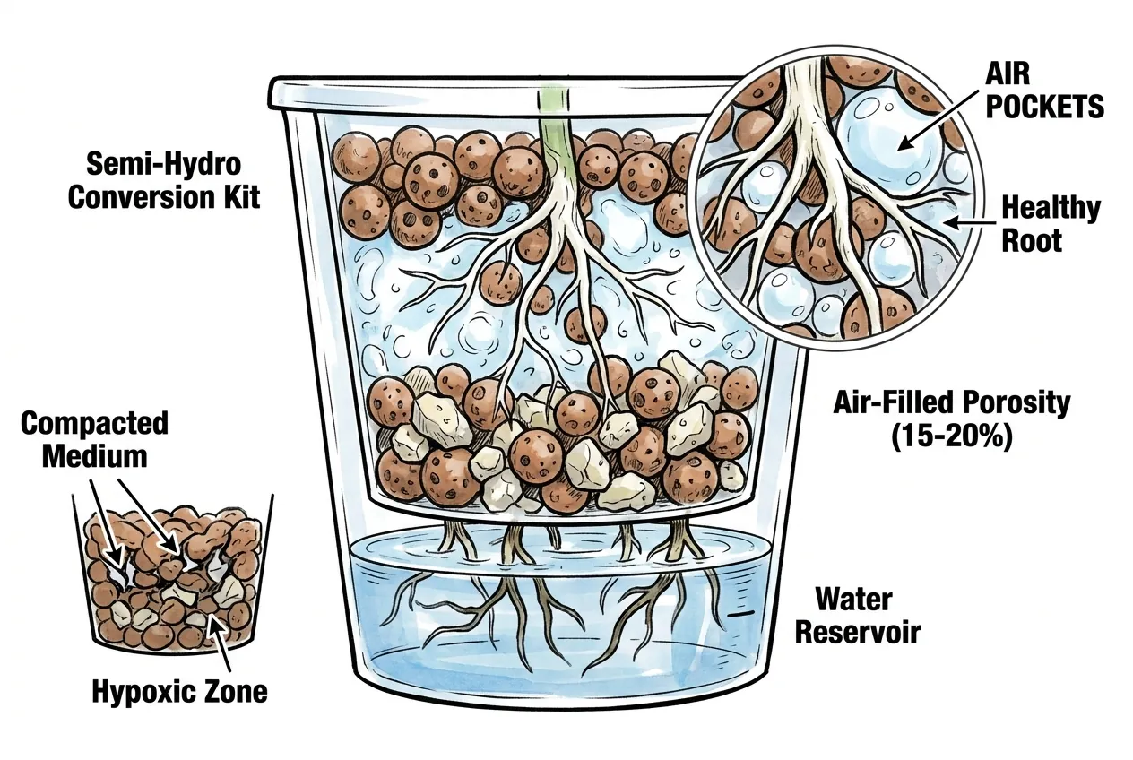 Coarse LECA pebbles with air gaps keeping upper roots oxygenated