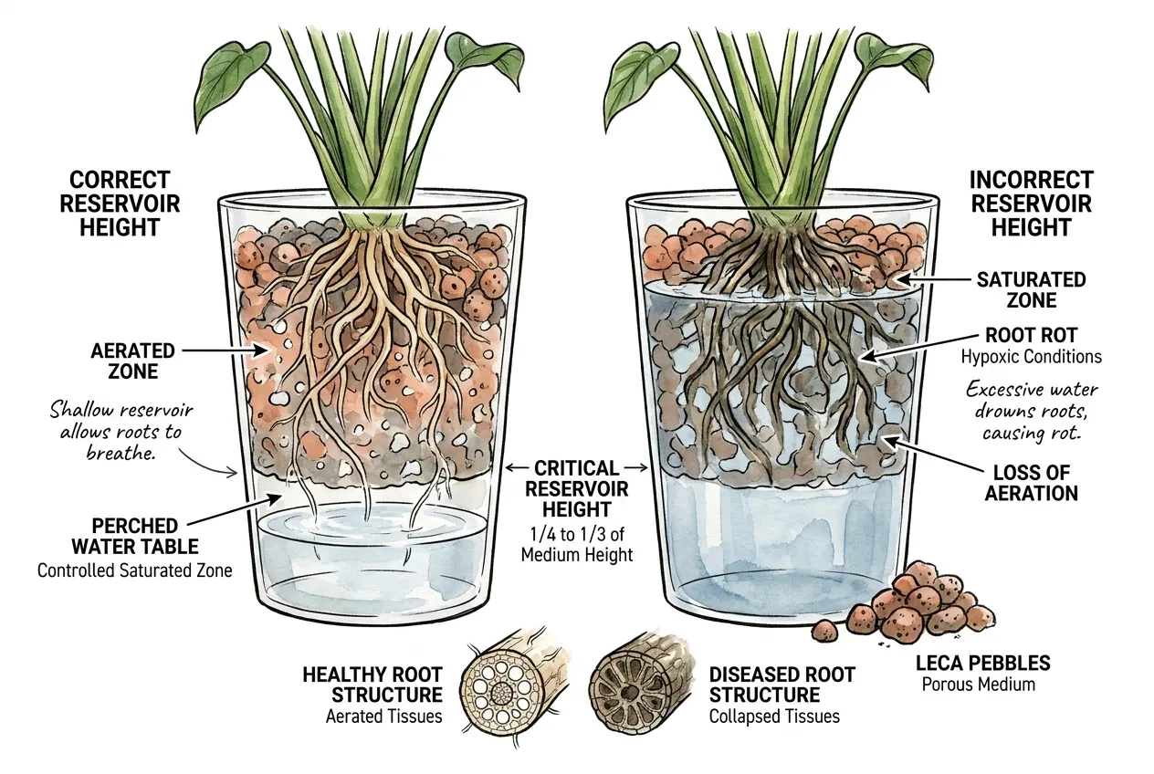 Shallow reservoir filled to a third of the medium height keeping roots airy