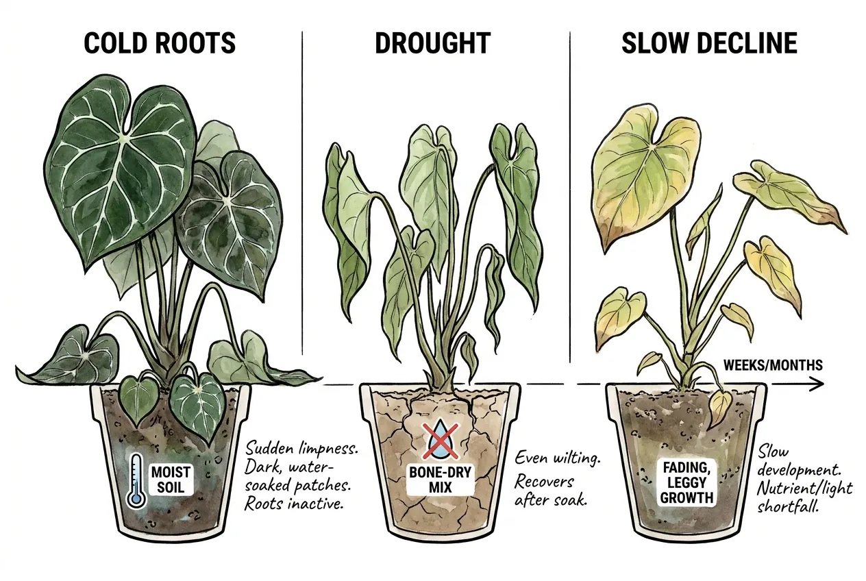 Cold-window limpness, dry-soil wilt, and slow yellowing compared