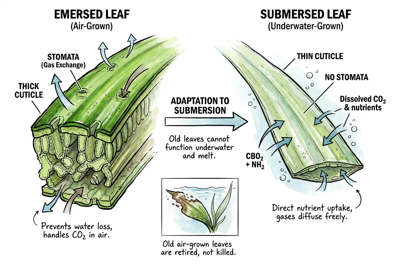 Side-by-side comparison of an emersed hairgrass leaf with a thick waxy cuticle and stomata against a thinner submersed leaf adapted for underwater gas exchange