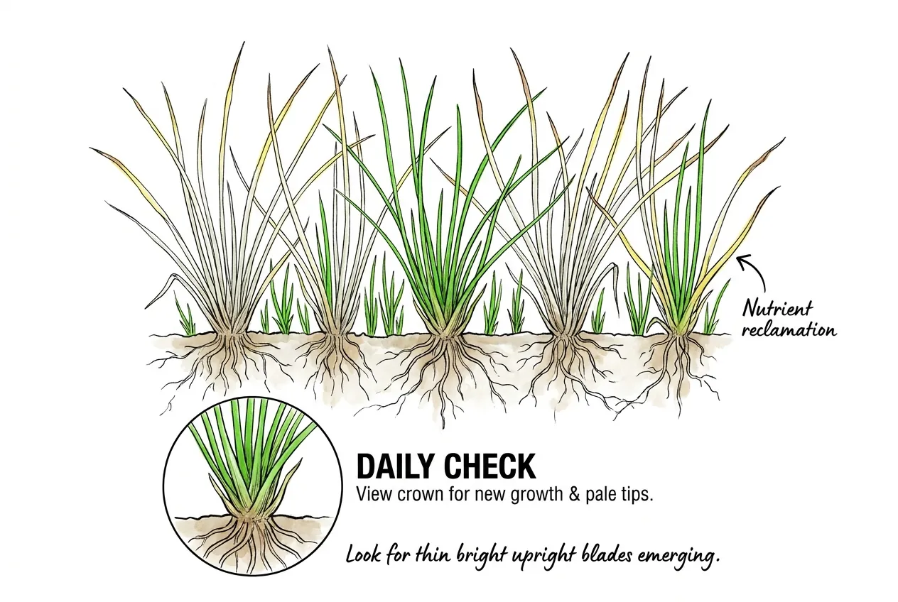 Close-up of a hairgrass crown where old blades pale and thin from the tips while firm white roots and bright new upright blades rise from the base