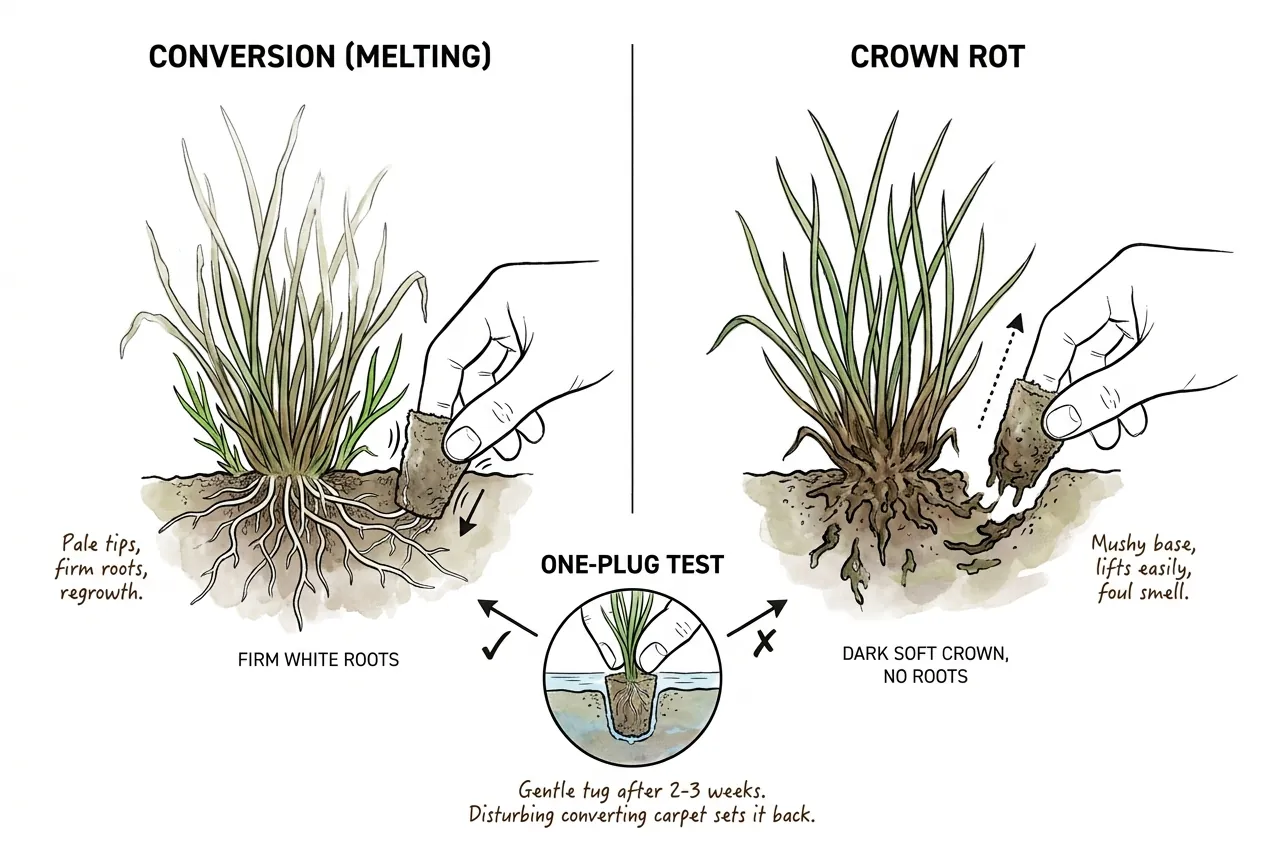 A lifted hairgrass plug with a dark mushy crown and no white roots shown beside a healthy plug with firm white roots for comparison