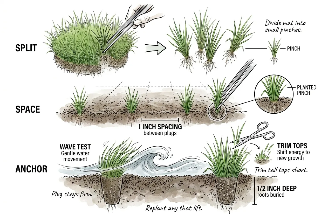 Small hairgrass plugs planted with tweezers about one inch apart on a grid, each pushed half an inch into aquasoil with roots buried and blades above
