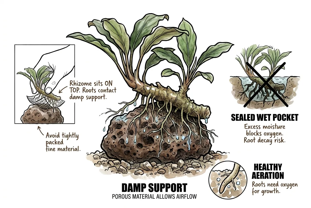 Exposed Bucephalandra rhizome with roots resting in moist support