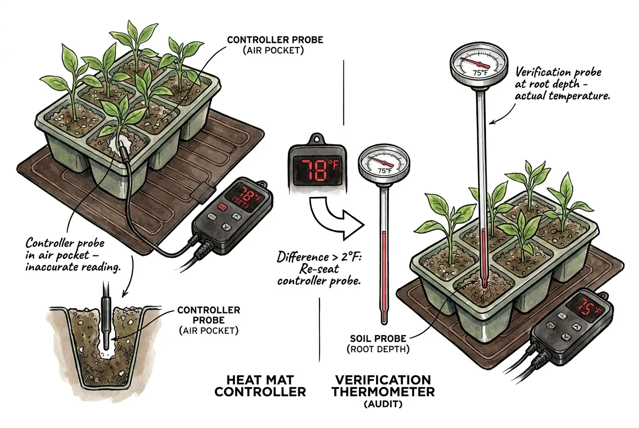 Comparison of a controller probe sitting in an air pocket versus an independent verification probe at root depth, with a re-seat decision when the readings differ by more than 2 F